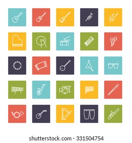 Juego de iconos de línea de instrumentos musicales. Colección de 25 íconos de línea de instrumentos musicales en cuadrados redondeados de color