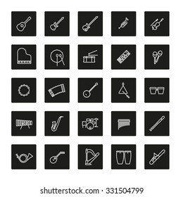 Musical Instruments Line Icon Set. Collection of 25 musical instruments line icons in colored rounded squares