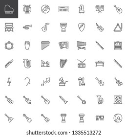 Musical instruments line icons set. linear style symbols collection, outline signs pack. vector graphics. Set includes icons as music note, electric guitar, grand piano, saxophone, flute, drums kit