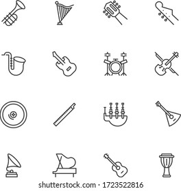 Musical instruments line icons set, outline vector symbol collection, linear style pictogram pack. Signs, logo illustration. Set includes icons as guitar, saxophone, djembe, drum set, piano, violin