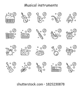 Musical instruments line icons set. Piano, drum, guitar, trumpet, violin and more. lassical, ethnic and modern music. Music from different countries. Isolated vector illustration. Editable stroke. 