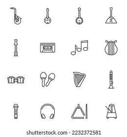 Musical instruments line icons set, outline vector symbol collection, linear style pictogram pack. Signs, logo illustration. Set includes icons as saxophone, music note, flute, metronome, microphone