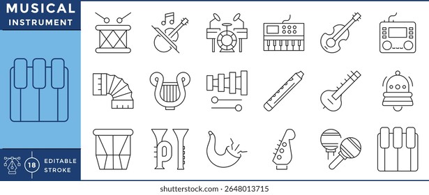 Conjunto de ícones de linha de instrumentos musicais | Instrumentos de banda, clássicos, de cordas e de vento | Traço editável