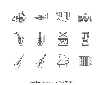 Musical instruments line icons set with French horn, trumpet, marimba, electric piano, saxophone, violin, drum, guitar, accordion.