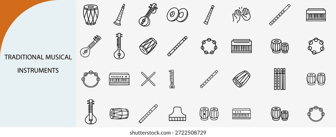 “Conjunto de iconos lineales de instrumentos musicales tradicionales, símbolos de Vectores de música popular”