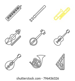 Musical instruments linear icons set. Melodica, duduk, trombone, viola, banjo, guitar, mandolin, french horn, gusli. Thin line contour symbols. Isolated vector outline illustrations