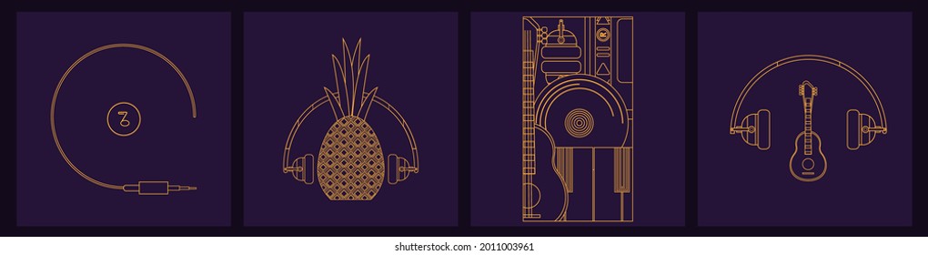Musical instruments in a linear style. Musical festival. Guitar, notes, keys surrounded by a wire from headphones. Ideal for logos, shops, brochures. EPS10