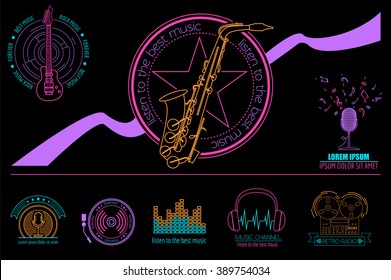 Musical instruments logos and badges. Graphic template. Vector illustration