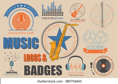 Musical instruments logos and badges. Graphic template. Vector illustration