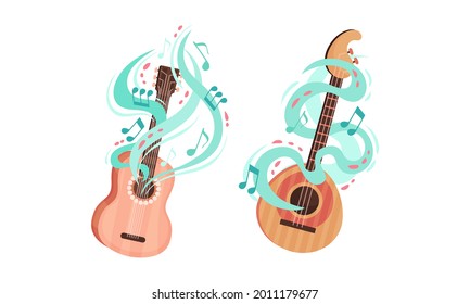 Musical Instruments with Lute and Guitar Twisted with Decorative Swirling Line and Note Vector Set