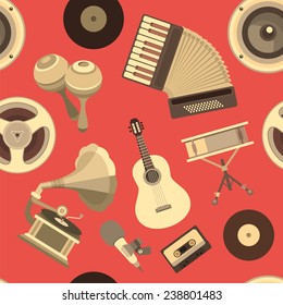  Musical instruments are made in retro style on a seamless background to use for wallpaper or textile