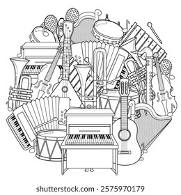 Musical instruments mandala for coloring book. Doodle music elements circle shape pattern. Vector illustration