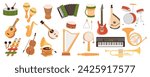 Musical instruments mega set in cartoon graphic design. Bundle elements of drum, maracas, banjo, accordion, guitar, bandura, saxophone, piano, violin and other. Vector illustration isolated objects