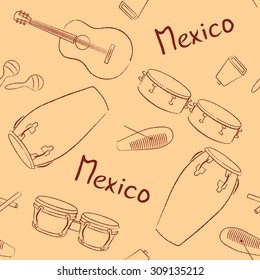 Musical instruments Mexico hand drawn vector pattern 