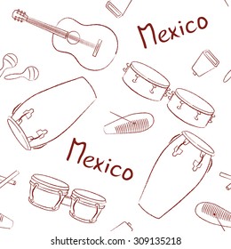 Musical instruments Mexico hand drawn vector pattern 