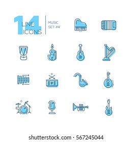 Musical Instruments - modern vector line design icons set with accent color. Piano, accordeon, kettledrum, violin, guitar, harp, saxophone, microphone, trumpet. Material design concept symbols