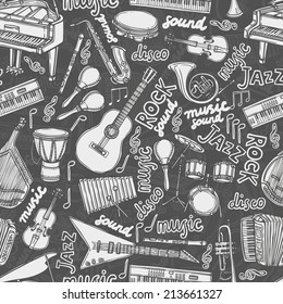 Musical Instruments And Music Elements Chalkboard Seamless Pattern Vector Illustration