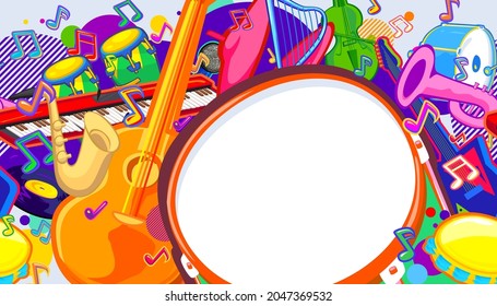 The musical instruments and music notes with colorful abstract background. Vector illustration of music festival concept