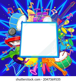 The musical instruments and music notes with colorful abstract background. Vector illustration of music festival concept
