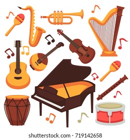 Instrumentos musicales y notas musicales vectoriales aislados iconos planos conjunto