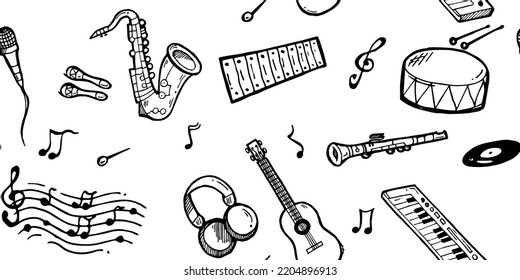 Musical instruments and music for playing live music. Rectangle seamless pattern. Outline hand drawn sketch. Drawing with ink. Isolated on white background. Vector.