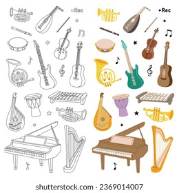 Musical instruments for music school design. Tuba, trumpet, drum flute, french horn, lute, violin, electric bass guitar, acoustic guitar.