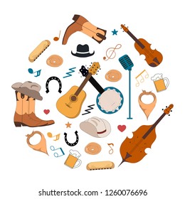 Musical instruments for music shop, school, store. Country music festival concept. Vector isolated elements. Live, jazz concert poster with cello, guitar, violin, banjo. Cowboy boots and hat.