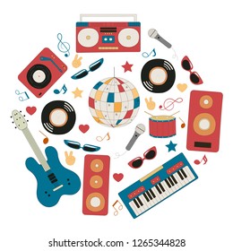 Musical instruments for music shop, school, store. Country, live, disco music festival concept. Vector isolated elements. Electro, rock concert poster with guitar, synthesizer, speakers, vinyl record.