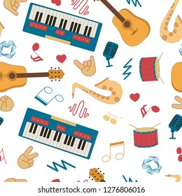 Musical instruments for music shop, school, store. Live, country, soul music festival concept. Vector isolated elements. Jazz, rock concert seamless pattern with guitar, synthesizer, drum, saxophone.