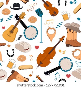 Musical Instruments For Music Shop, School, Store. Country Music Festival Seamless Pattern. Vector Isolated Elements. Live, Jazz Concert Doodle With Cello, Guitar, Violin, Banjo. Cowboy Boots And Hat.