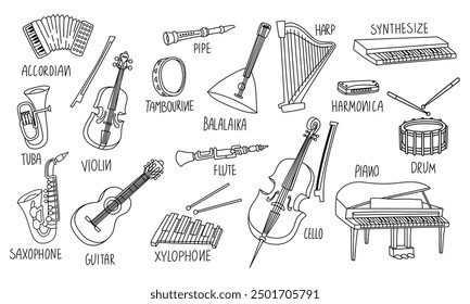 Instrumentos musicales con un nombre, conjunto de ilustraciones de doodle de contorno. Guitarra, sintetizador, violín, violonchelo, tambor, platillos, saxofón, acordeón, piano, arpa, armónica, balalaika, violonchelo, pipa, xilófono