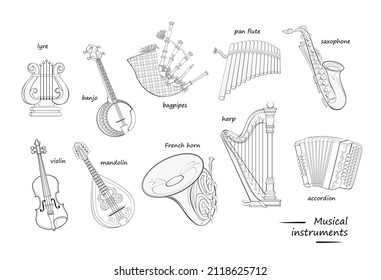 Musical instruments with names. Coloring book. Set of black and white illustrations for encyclopedia or for kids school textbook. Educational page for children to study English. Online education.