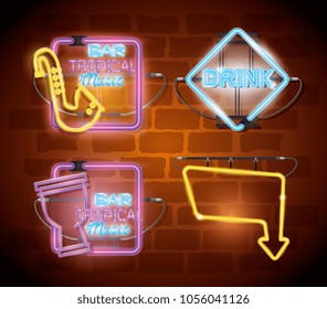 musical instruments with neon lights set icons