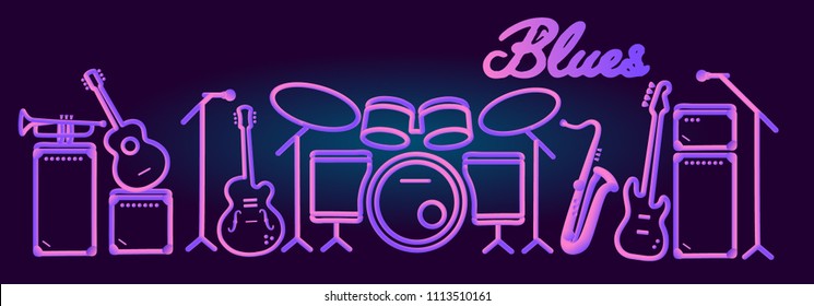 musical instruments neon tubed silhouette abstract design concept blues band performance  electric guitar set