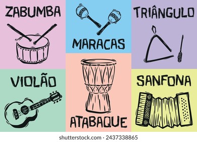 Instrumentos musicales del norte y noreste de Brasil. Zabumba, maracas, triángulo, guitarra, acordeón y atabaque. Cordel Woodcut Style