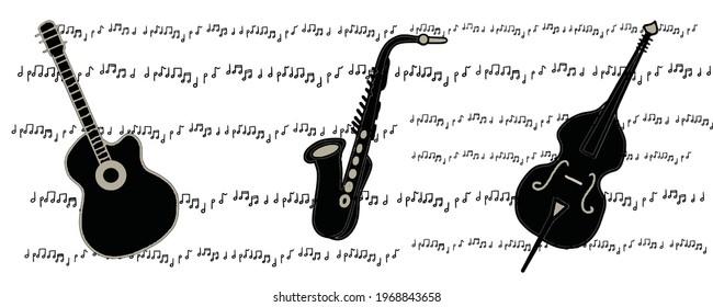 musical instruments and musical notes, music, black and white picture