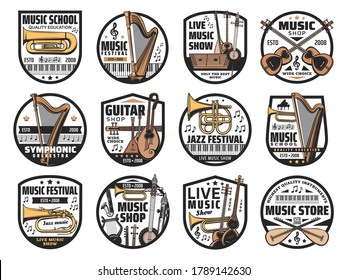 Musical instruments and notes, music vector icons. Isolated badges with piano, harp and guitar, trumpet, horn, trombone and cornet, shamisen, balalaika, lute and lyre, tanbur, duduk, saz and tar