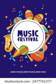 Musical instruments and notes surrounding a Music Festival text in a circular frame on a dark blue background. Vector illustration