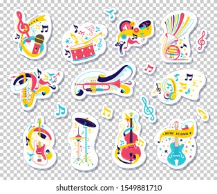 Musical instruments and notes vector illustrations set. Doodle orchestra attributes stickers isolated on transparent background. Melody, music, performance concept. Cartoon band items collection