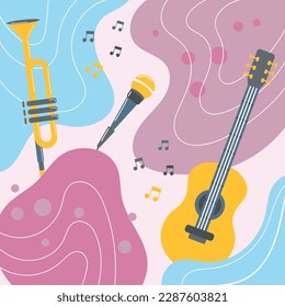 Instrumentos musicales sobre un fondo de color en un estilo boho groove. Colores pasteles. Fondo, afiche, impresión, vector