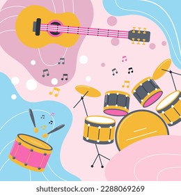 Musical instruments on a colored background in boho style. Pastel colors. Background, poster, print, vector