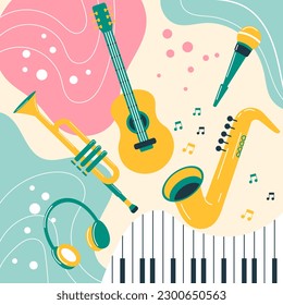 Musical instruments on a colored background in boho style. Pastel colors. Background, poster, print, vector