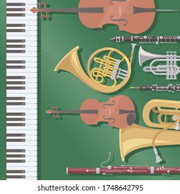 Musical instruments on dark green background. Used for classical music performances. Piano, cello, clarinet, french horn, cornet, oboe, violin, tuba, and bassoon.  Cartoon style vector illustration.