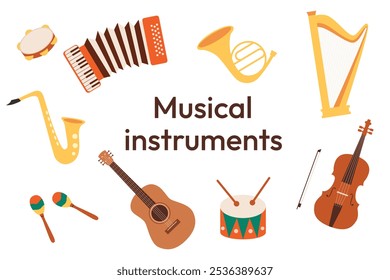 Instrumentos musicales sobre fondo blanco aislado. Acordeón, trompa, arpa, violín, guitarra, maracas, batería. Ilustración vectorial.