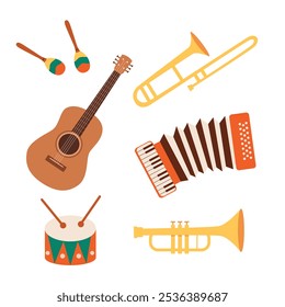 Instrumentos musicais sobre fundo branco isolado. Acordeão, chifre, harpa, guitarra, maracas, bateria. Ilustração vetorial.