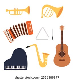 Instrumentos musicais sobre fundo branco isolado. Acordeão,chifre,harpa,violão,piano,bateria,triângulo. Ilustração vetorial.