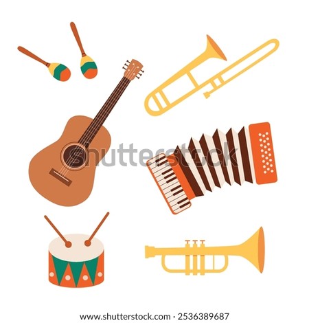 Musical instruments on isolated white background. Accordion,horn,harp,guitar,maracas,drums. Vector illustration.