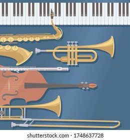 Musical instruments on midnight blue background. Used for jazz performances. Piano, tenor saxophone, trumpet, flute, contrabass, and trombone. Vector illustration in flat cartoon style.