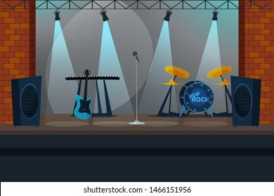 Musical instruments on stage flat illustration. Live pop rock concert, festival preparation. Drum kit, electric guitar, microphone, synthesizer in empty night club, bar cartoon vector drawing