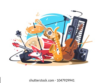 Musical instruments on stage. Guitar and drum set, saxophone and double bass. Vector illustration